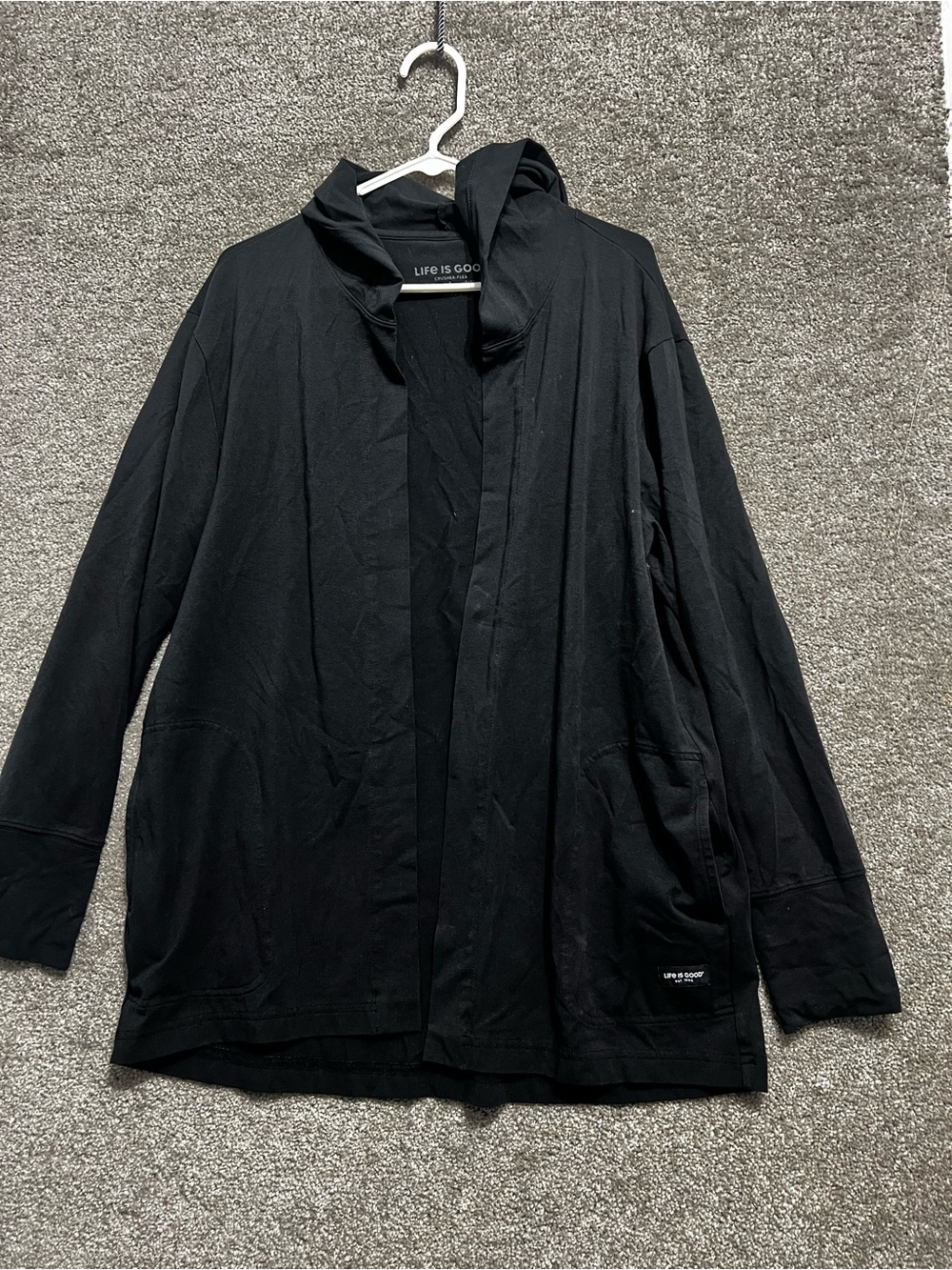 Life is Good Woman’s Black Open Front Hooded Cardigan Knit Size Large